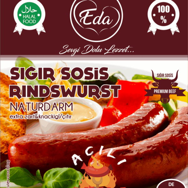 Halal Rindwurst Scharf – 720g | Würzige Grillwurst im Naturdarm aus 100 % Rind